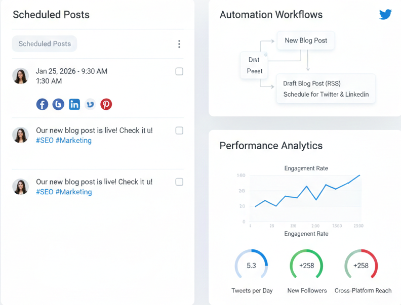 "SocialOomph dashboard screenshot showing scheduled posts and automation tools"