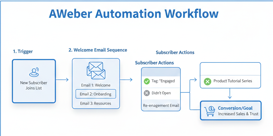 AWeber automation workflow infographic showing triggers and email sequences.