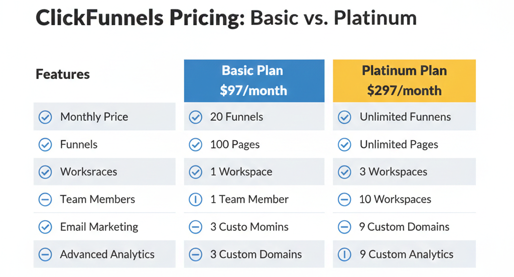 Infographic comparing ClickFunnels Basic and Platinum plans with features, pricing, and team limits.