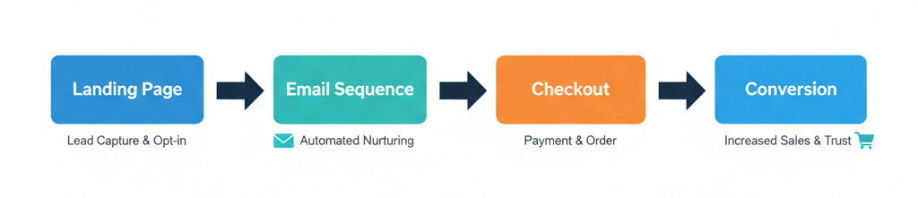 systeme.io sales funnel flowchart illustrating landing page, email, checkout, conversion steps