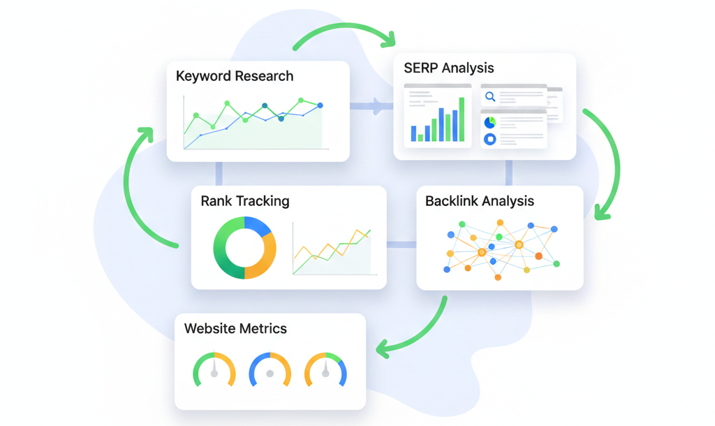 Overview of Mangools all-in-one SEO tool suite including keyword research, SERP analysis, rank tracking, and backlink tools