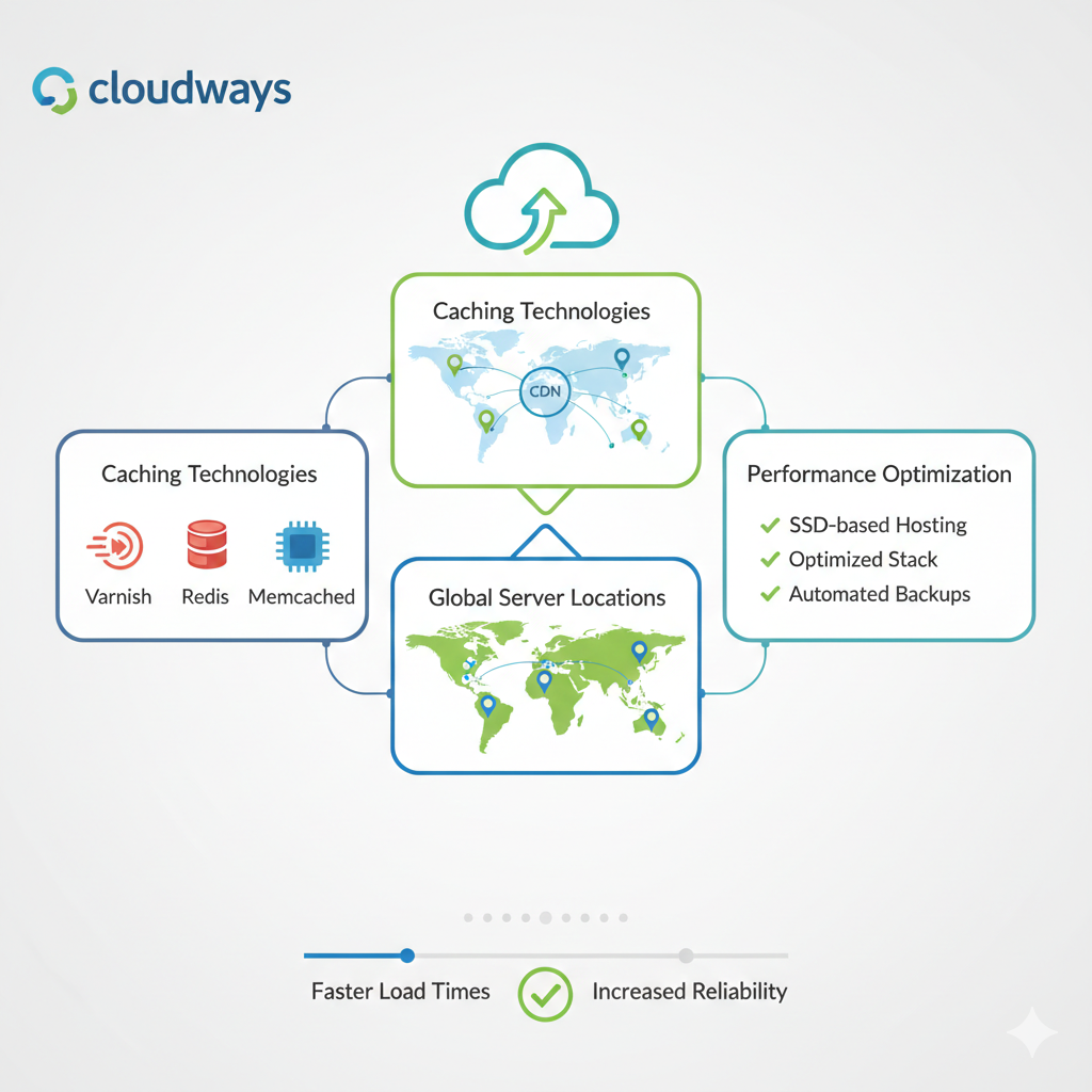 Cloudways performance optimization and global server locations infographic