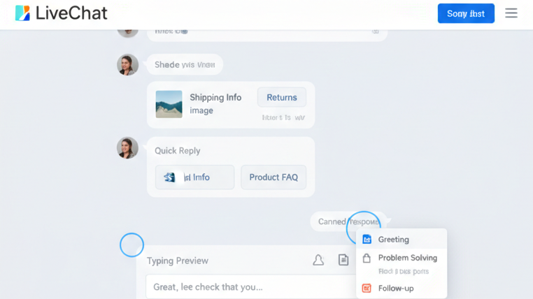 LiveChat features interface showing typing preview, canned responses, and file sharing in a realistic SaaS dashboard