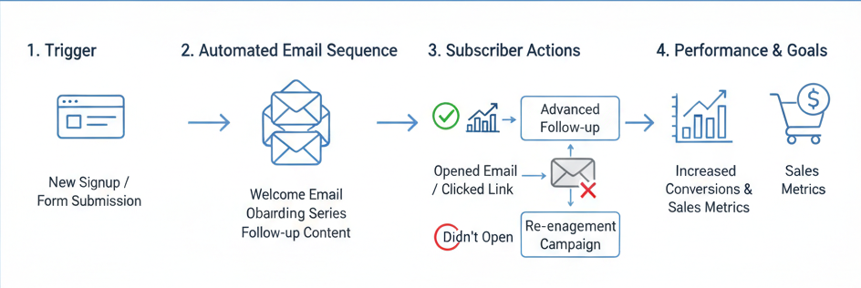 Diagram showing ClickFunnels email automation workflow and follow-up funnel sequences.