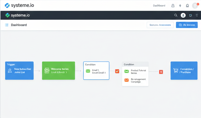 systeme.io email automation workflow showing sequence of triggered emails and actions