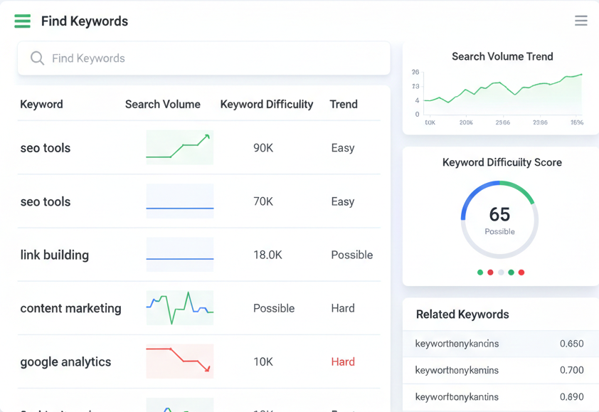 Mangools KWFinder keyword research tool showing search volume, keyword difficulty, and keyword trends