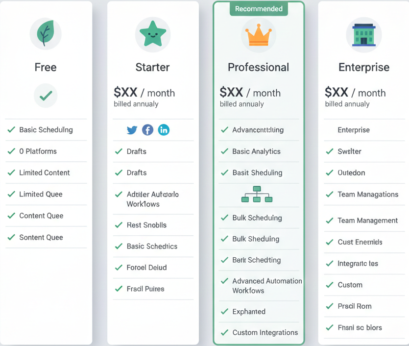 Generalized SocialOomph pricing plan chart with feature overview