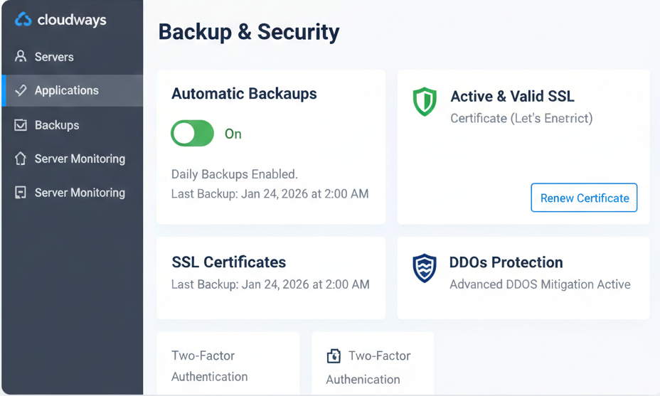 Cloudways backup and security dashboard screenshot