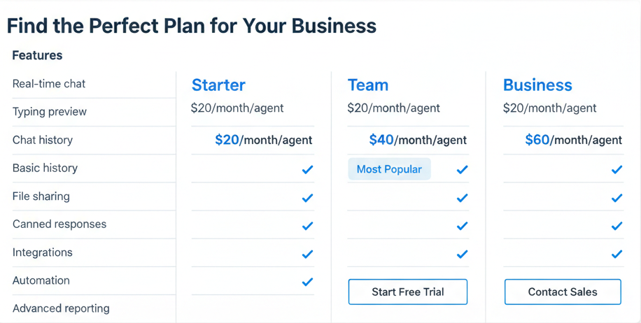 LiveChat pricing comparison table showing three subscription tiers in a professional SaaS style.