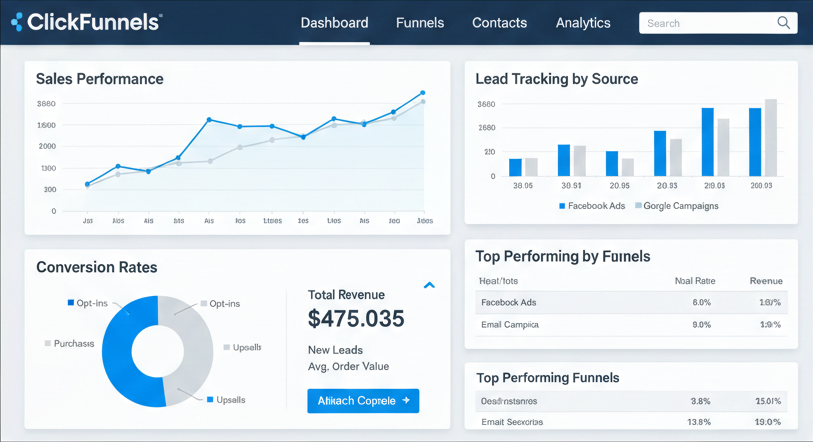 ClickFunnels analytics dashboard displaying conversion rates, leads, and sales metrics.