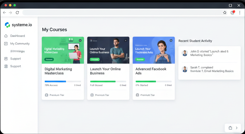 systeme.io membership site dashboard showing courses, user progress, and access levels