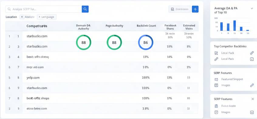 Mangools SERPChecker SERP analysis dashboard showing competitor domains, authority scores, and backlink data