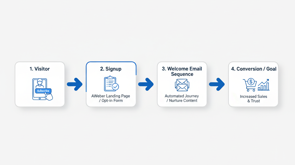 AWeber customer growth workflow infographic showing visitor to conversion path.
