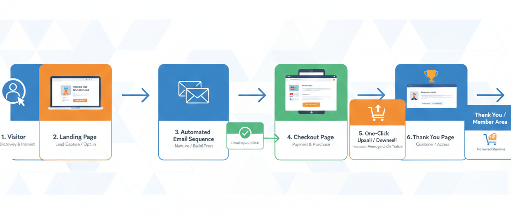 Visual representation of a ClickFunnels sales funnel showing customer journey from landing page to checkout.