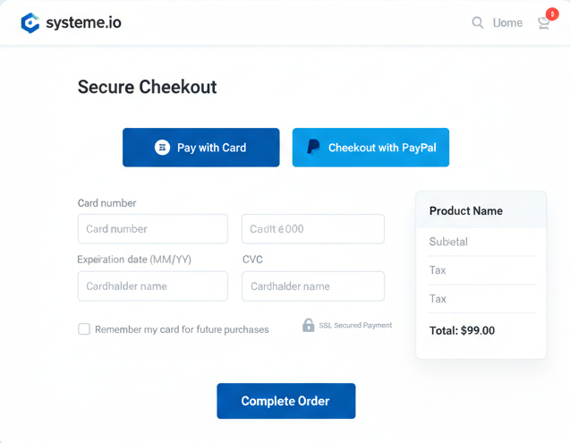 systeme.io payment page showing Stripe and PayPal options with credit card input fields