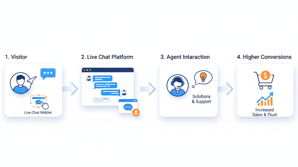 LiveChat customer support workflow infographic showing visitor to agent conversion in a professional SaaS style.