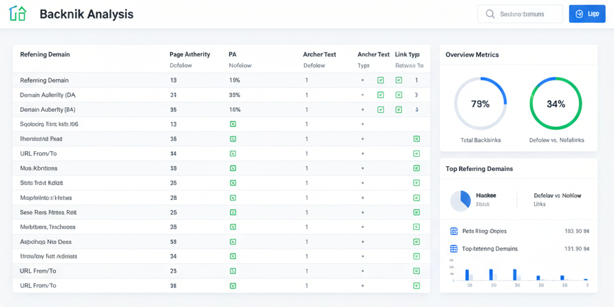 Mangools LinkMiner backlink analysis tool showing referring domains and link authority metrics