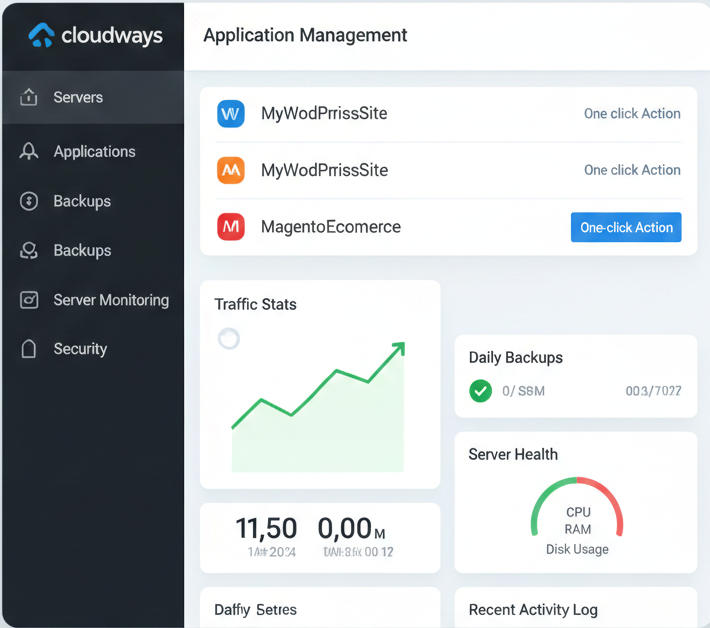 Cloudways user dashboard showing site management and statistics