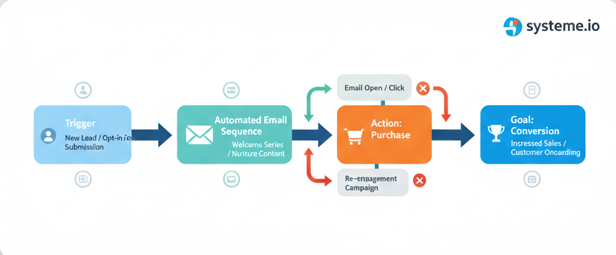 systeme.io marketing automation workflow showing triggers, actions, and connected tasks