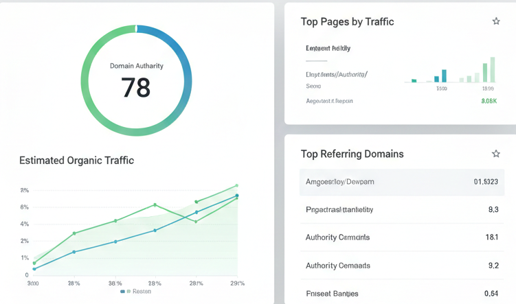 Mangools SiteProfiler website analysis showing domain authority, traffic estimates, and top pages