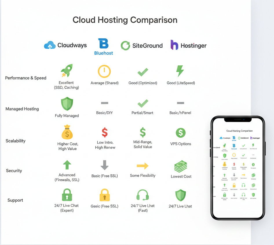 Comparison chart of Cloudways and other hosting platforms