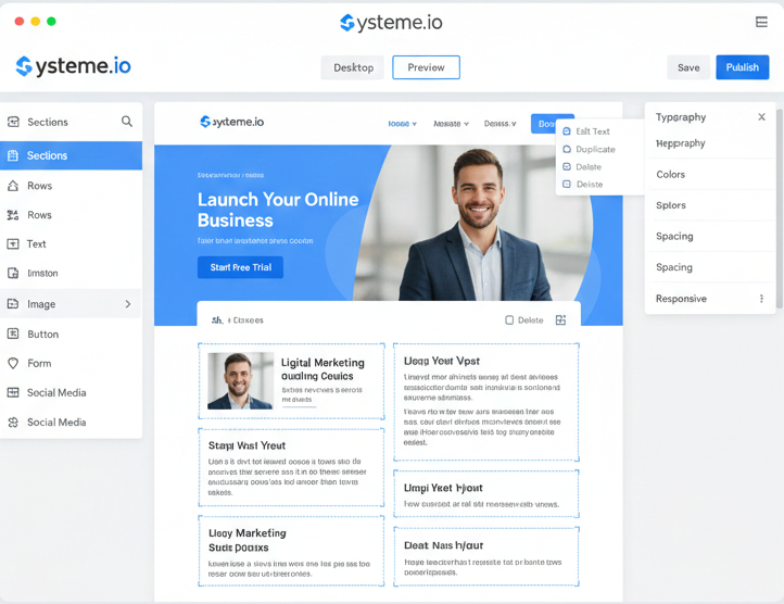 systeme.io drag-and-drop editor showing editable blocks and side menu in SaaS interface