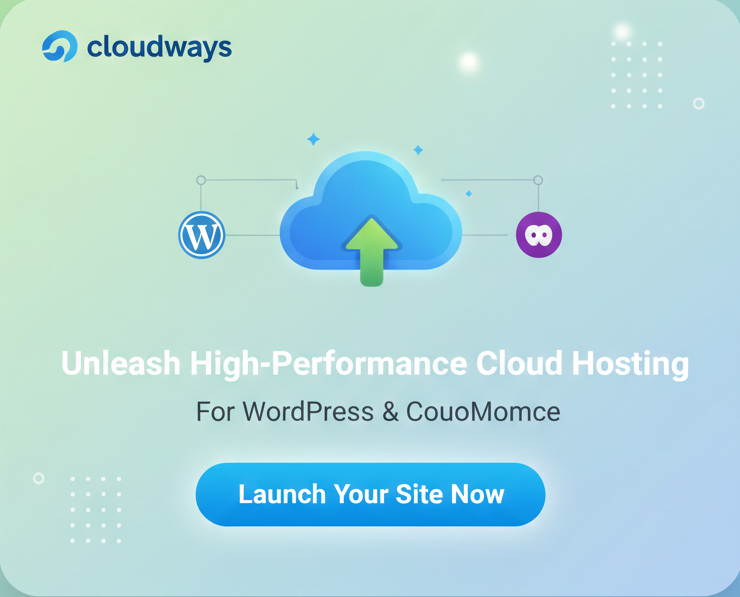 Cloudways call-to-action promotional image for WordPress/WooCommerce hosting