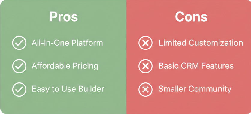 infographic showing pros and cons of systeme.io, with green check marks and red X marks