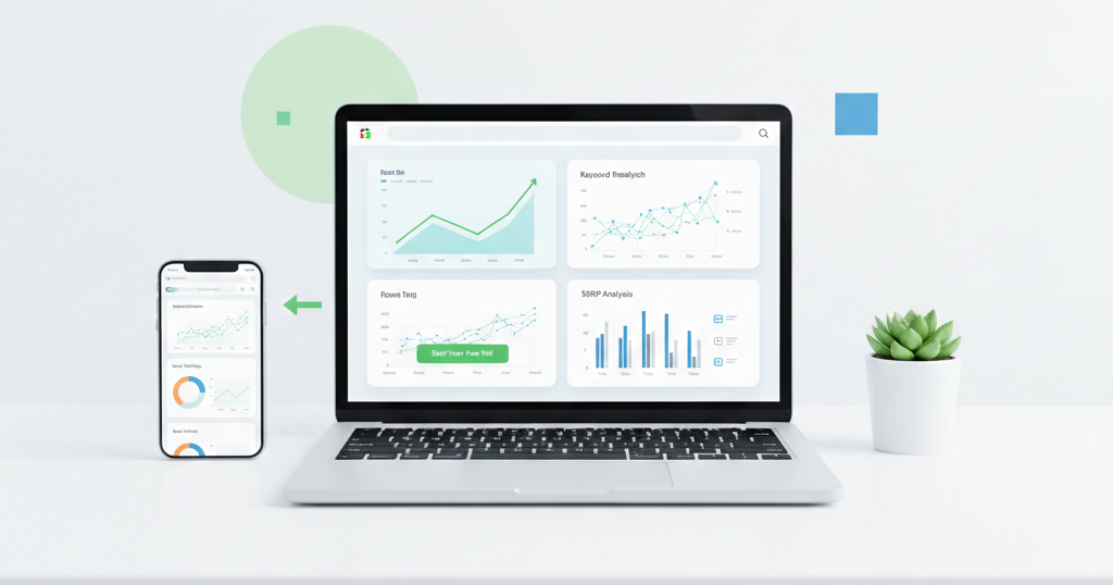 Mangools SEO tools dashboard illustrating website growth, keyword ranking improvements, and SEO performance