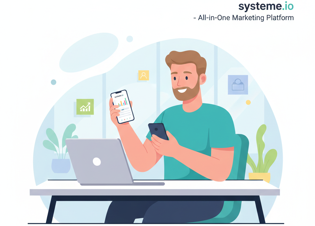 happy entrepreneur using systeme.io on laptop and smartphone, banner style illustration