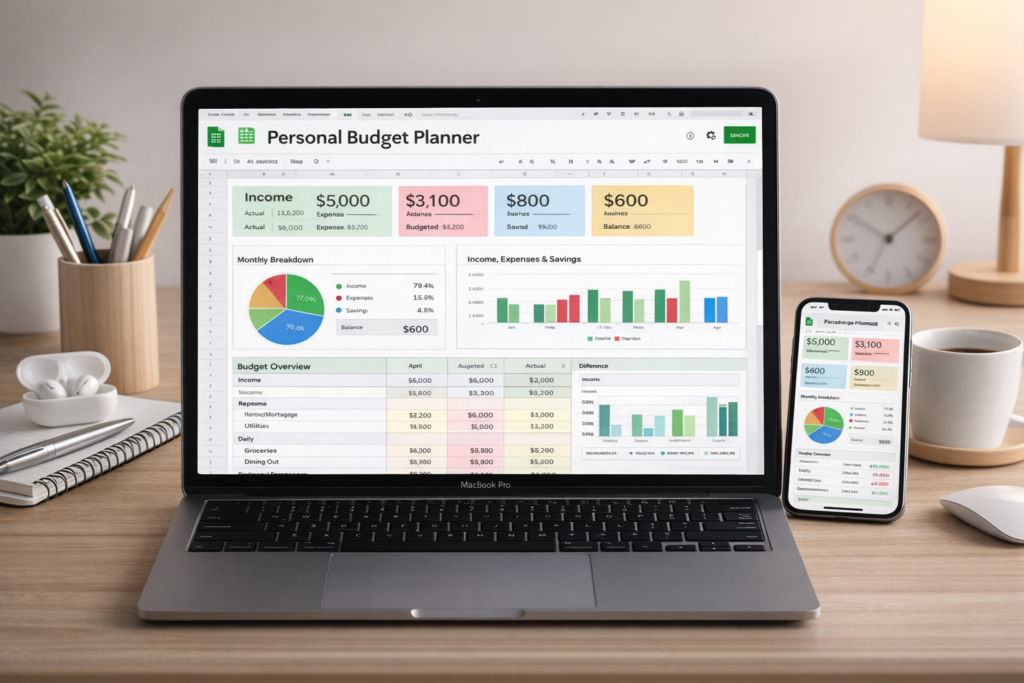 Google Sheets budget planner dashboard on desktop and mobile