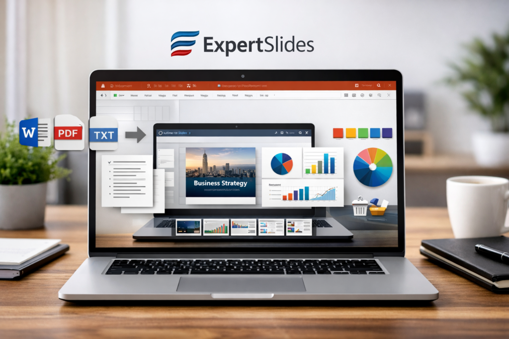 ExpertSlides hero image showing an AI presentation maker for PowerPoint on a laptop screen with professional slide design elements.