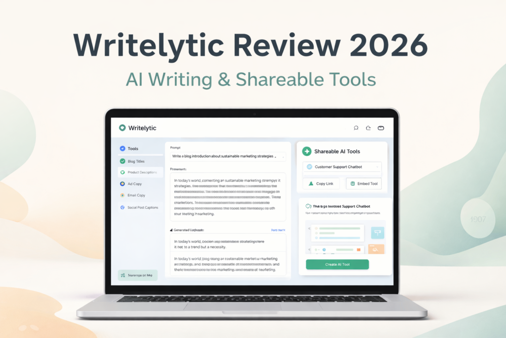 Writelytic review hero image showing a clean AI writing dashboard and no-code shareable tool concept.