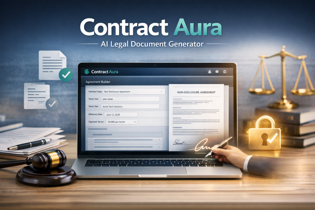 Contract Aura AI legal document generator dashboard with contract drafting workflow