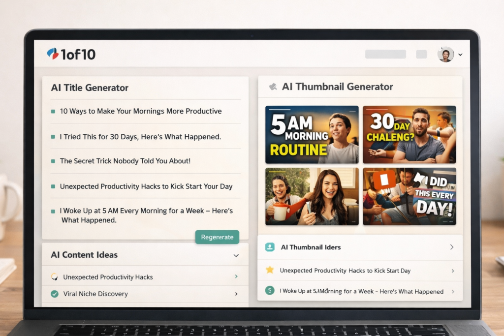 1of10 AI title generator and thumbnail generator for YouTube creators
