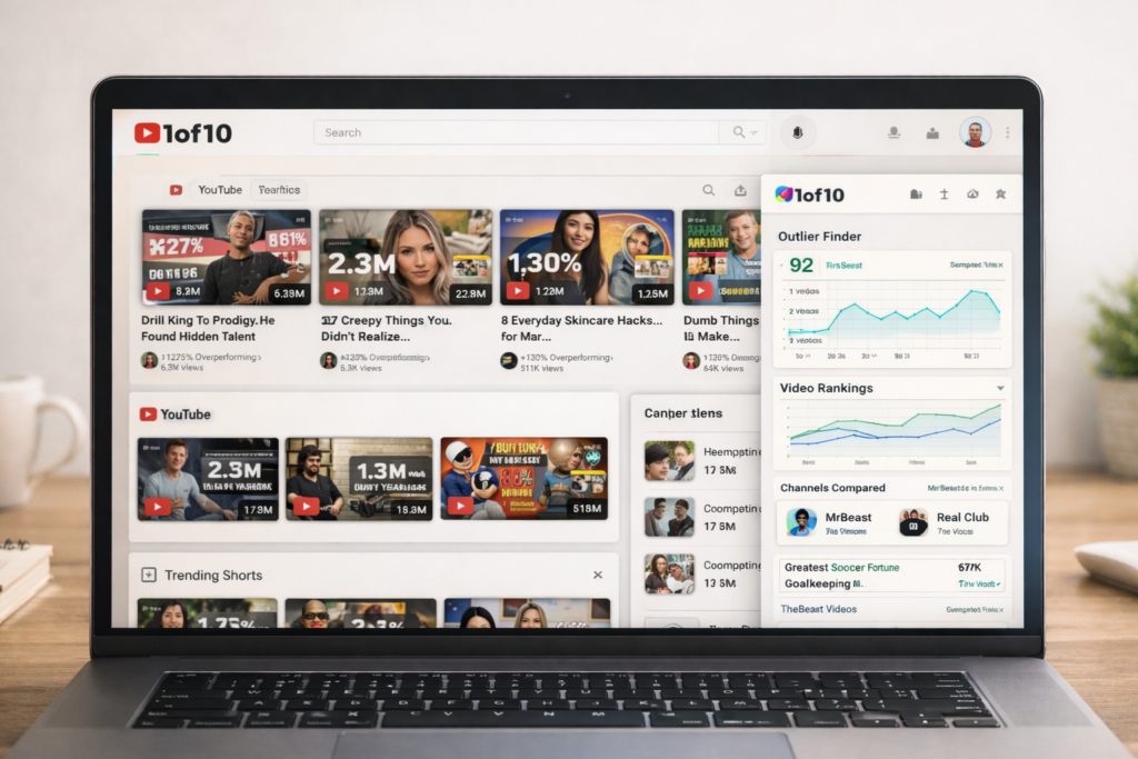 1of10 Chrome extension showing outlier scores and YouTube analytics
