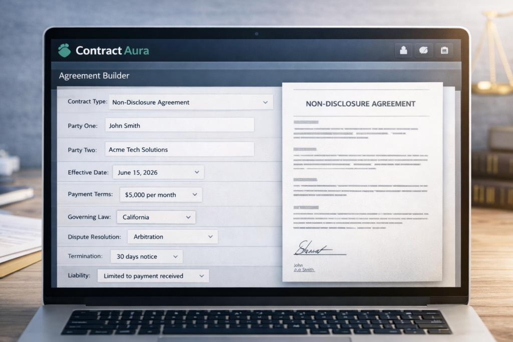 Contract Aura interface showing AI legal document creation workflow