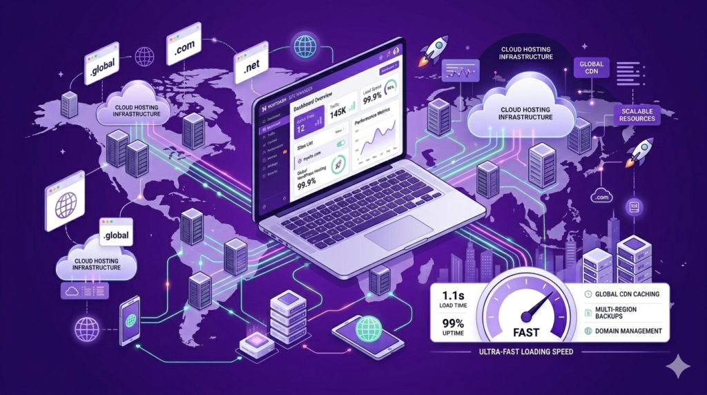 Global web hosting infrastructure illustration