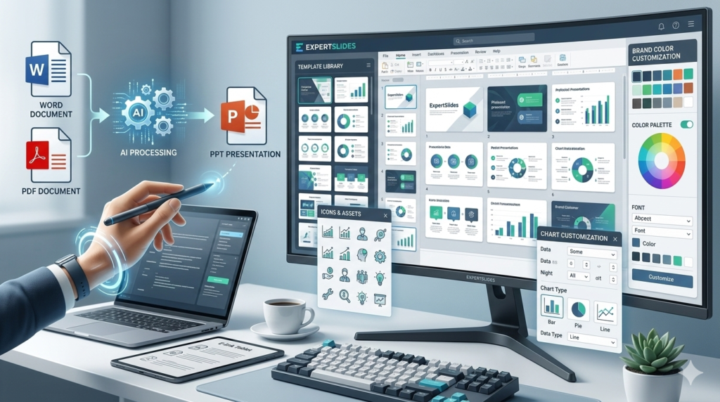 Feature image showing ExpertSlides turning a document into polished PowerPoint slides with templates, icons, charts, and brand color tools.