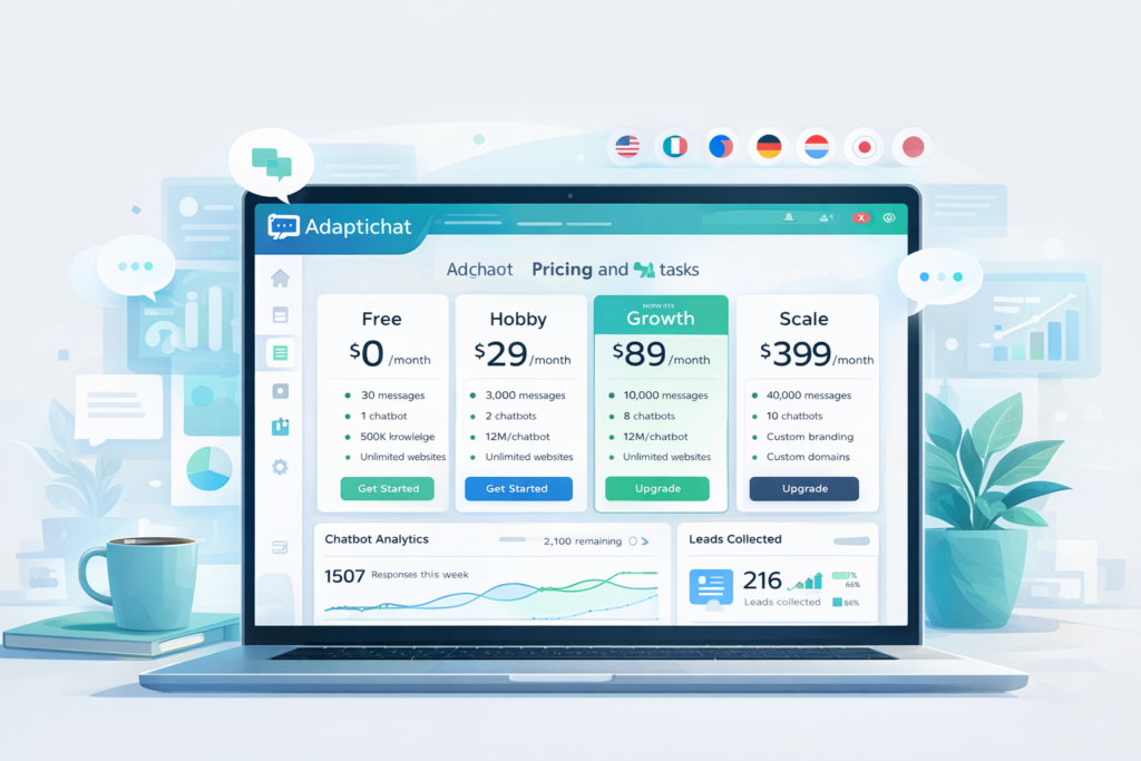 Adaptichat pricing and dashboard concept for website AI chatbot software
