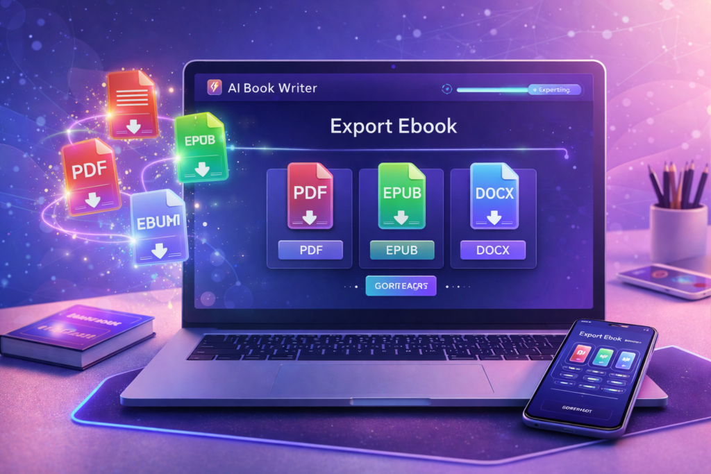 AI Book Writer exporting ebook into PDF EPUB DOCX formats