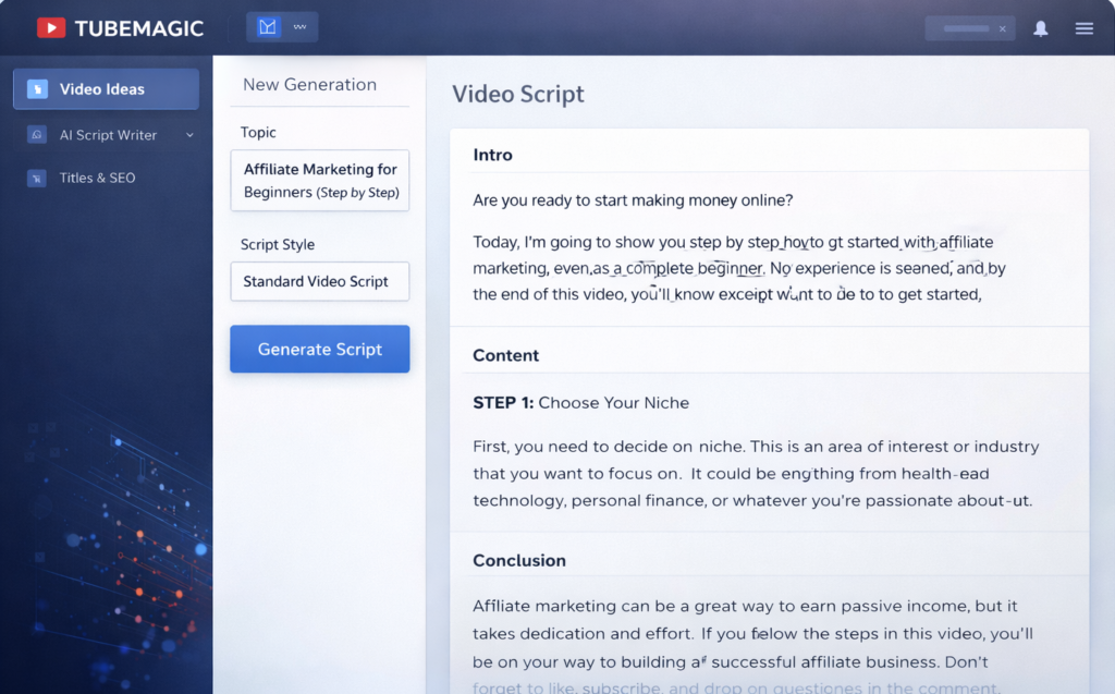 TubeMagic AI script writing tool interface preview