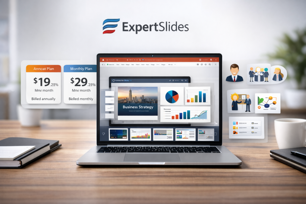 Verdict image for an ExpertSlides review showing a PowerPoint-focused AI presentation tool with professional slide design and business-oriented value.