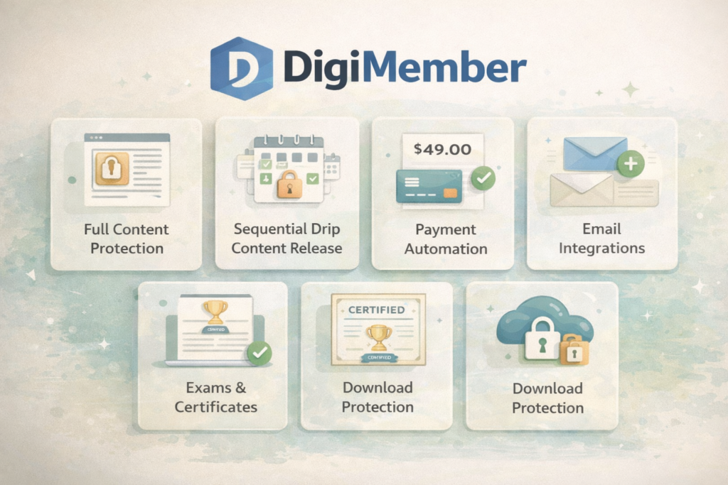 DigiMember feature overview with content protection and drip access
