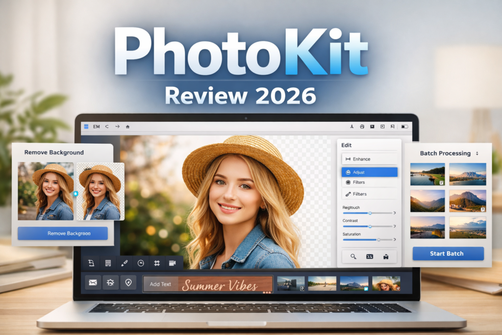 PhotoKit online photo editor hero image with AI editing dashboard

