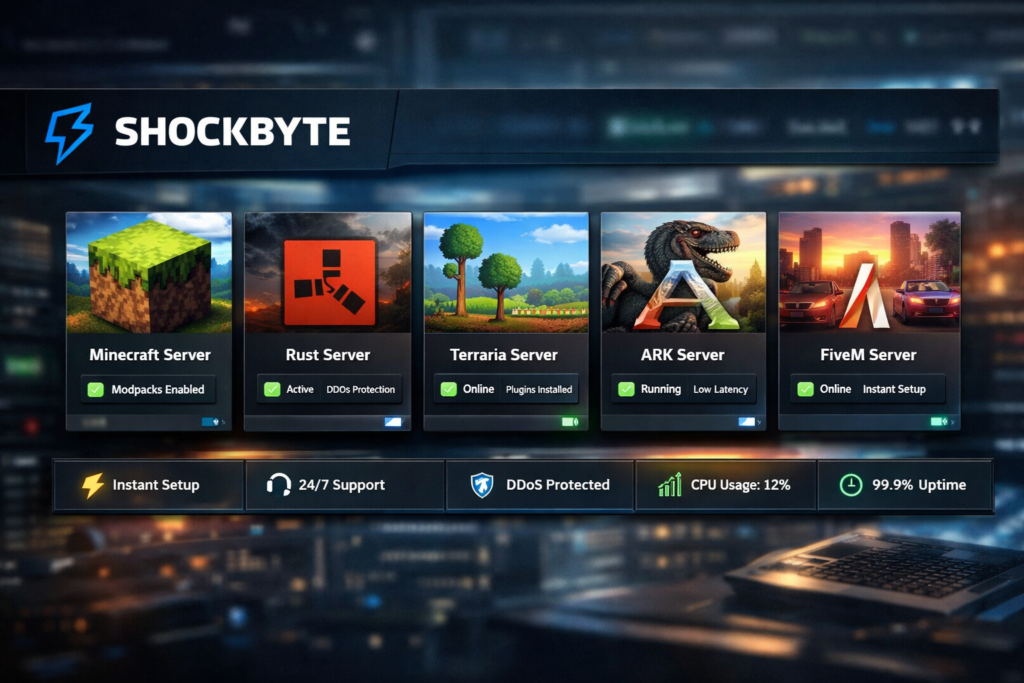 Shockbyte game server hosting dashboard showing Minecraft, Rust, Terraria, ARK, and FiveM server cards with instant setup, 24/7 support, DDoS protection, CPU usage, and uptime indicators.
