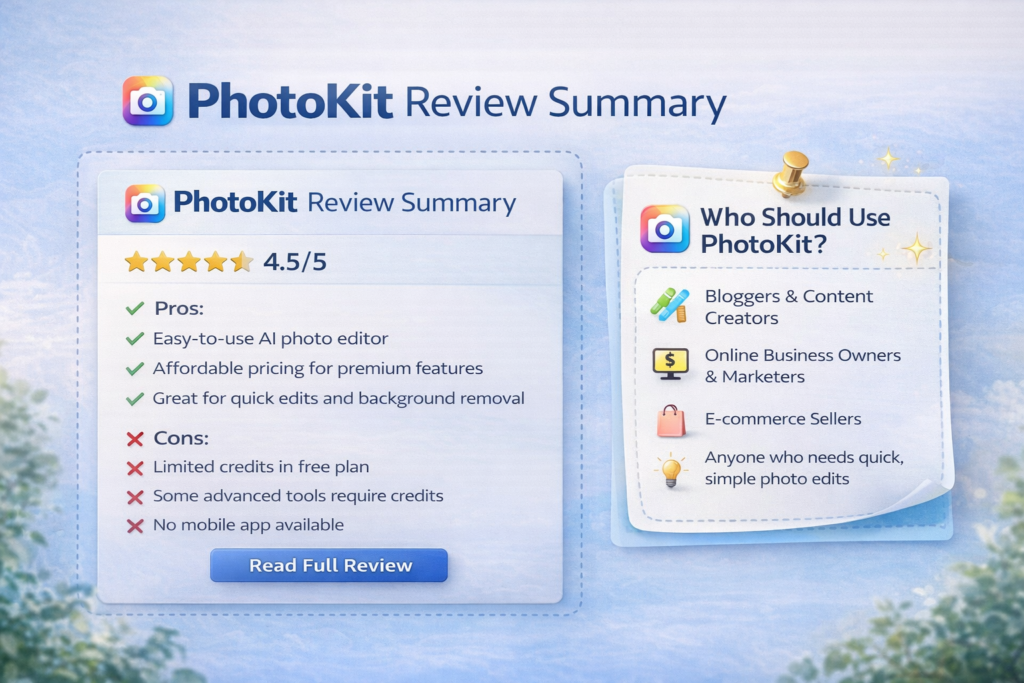 PhotoKit review summary image showing best users and benefits
