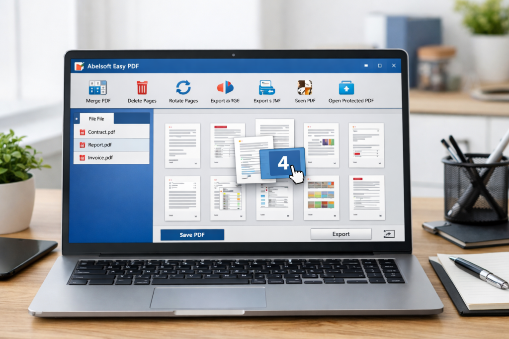 Abelssoft Easy PDF interface on Windows for merging, rotating, and organizing PDF files
