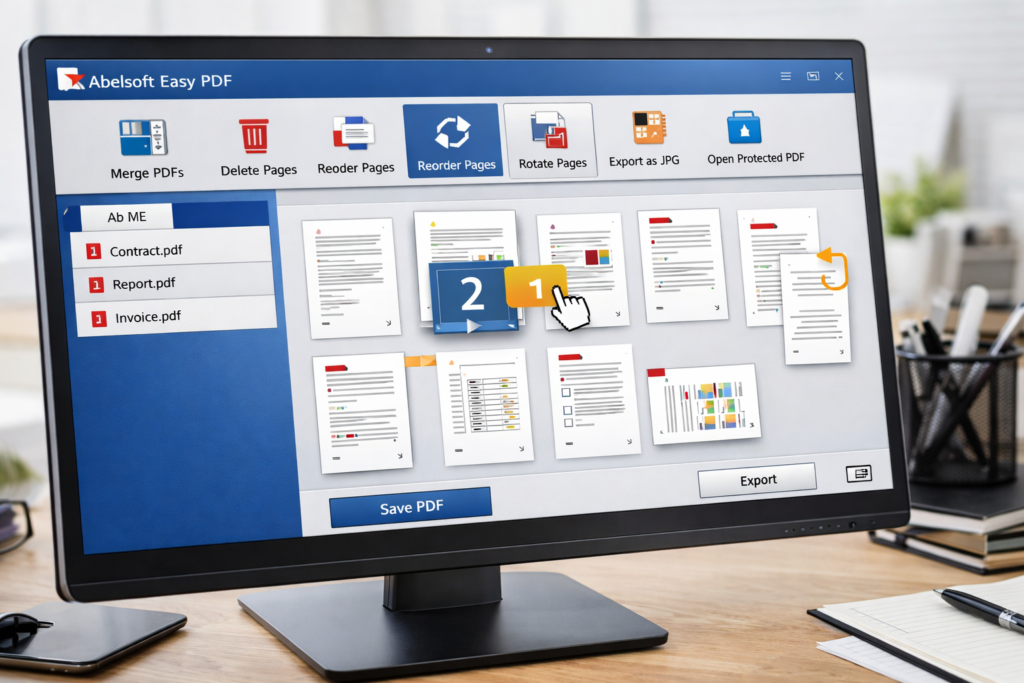 Reordering and rotating PDF pages in Abelssoft Easy PDF on a Windows desktop
