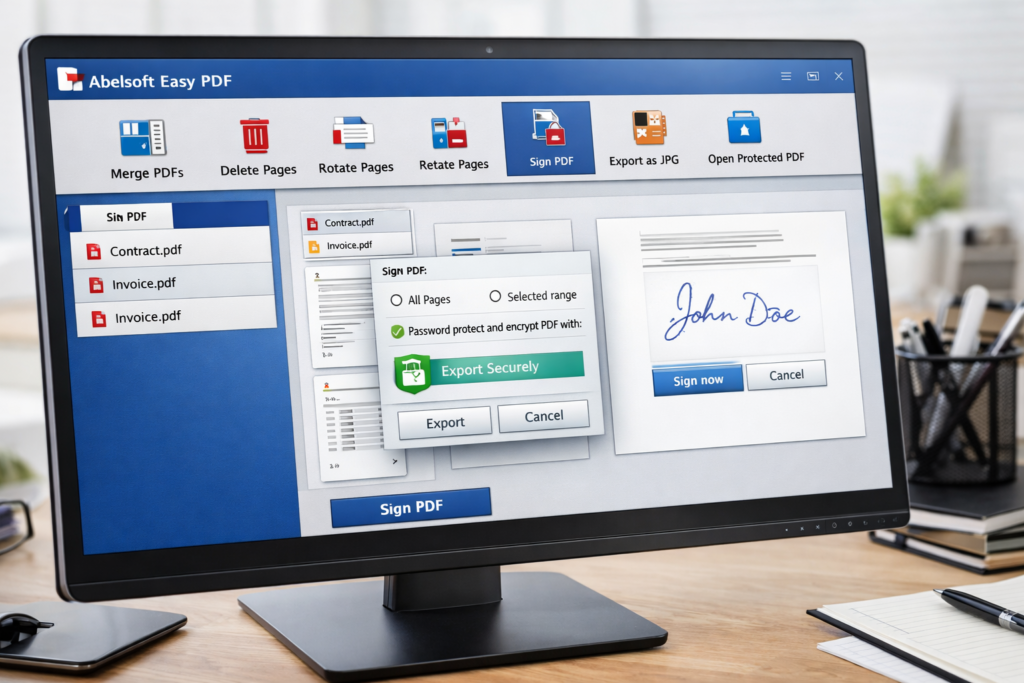 Signing and exporting PDF documents in Abelssoft Easy PDF for secure document workflows
